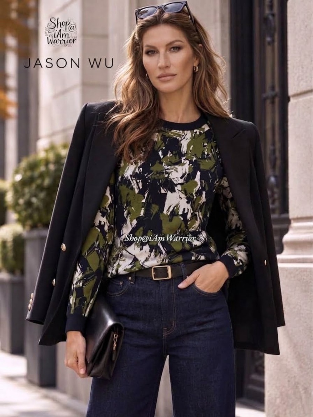 Jason Wu Abstract Navy Olive Chalk Knit Pullover Sweater